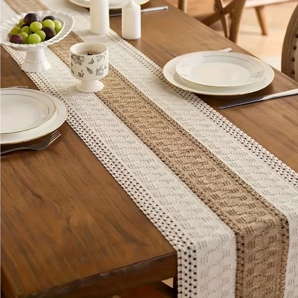 Neutral Boho Woven Table Runner with Fringe – Farmhouse Décor
